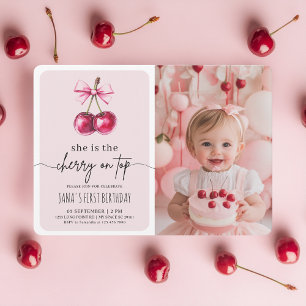 Cherry on Top Pink Birthday Party with Photo Invitation