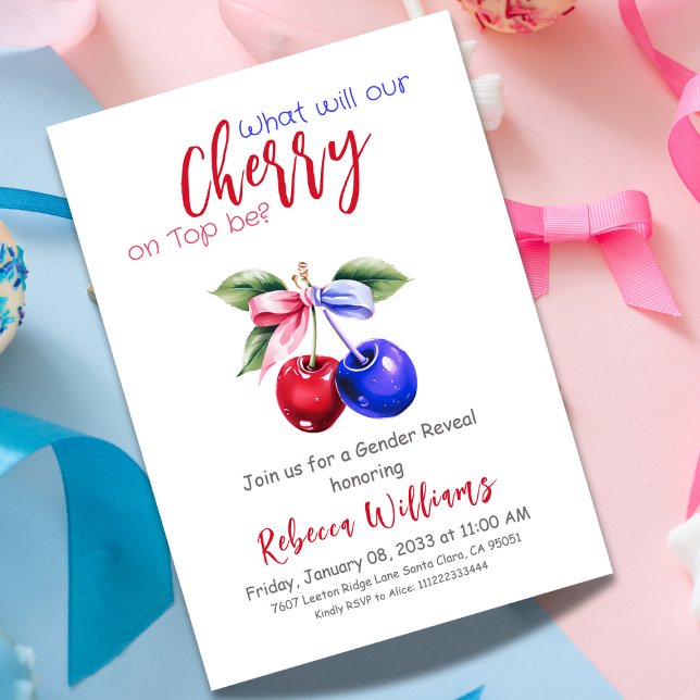 Cherry on Top Pink Blue Boy or Girl Gender Reveal Invitation (Creator Uploaded)