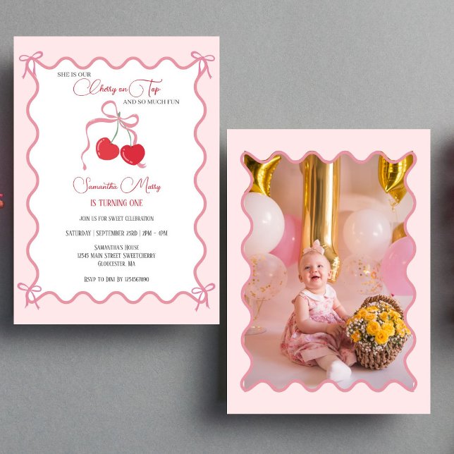 Cherry on Top Pink Bow 1st Birthday Photo  Invitation (Creator Uploaded)