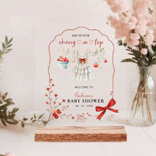 Cherry On Top Pink Bow Baby Girl Shower Welcome Acrylic Sign