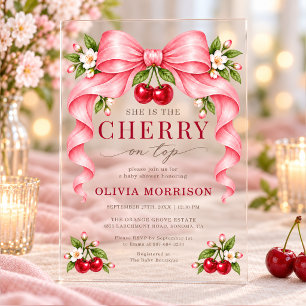 Cherry on Top Pink Bow Baby Shower Acrylic Invitations