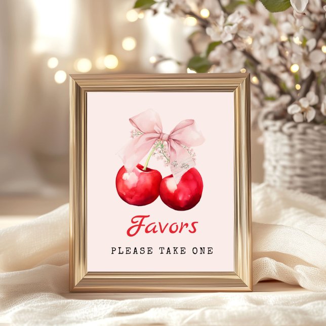 Cherry on Top Pink Bow Baby Shower Favours Poster (Cherry on Top Pink Bow Baby Shower Favors Please take One Poster)