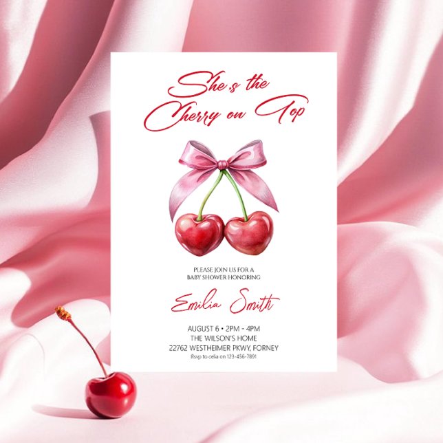  Cherry on Top pink bow Baby Shower Invitation (Creator Uploaded)