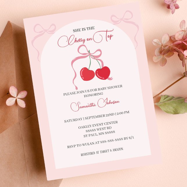 Cherry on Top Pink Bow Baby shower Invitation (Invitation)