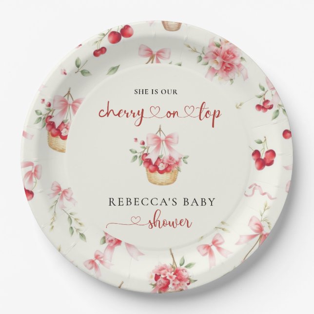  Cherry on Top Pink Bow Baby Shower   Paper Plate (Front)