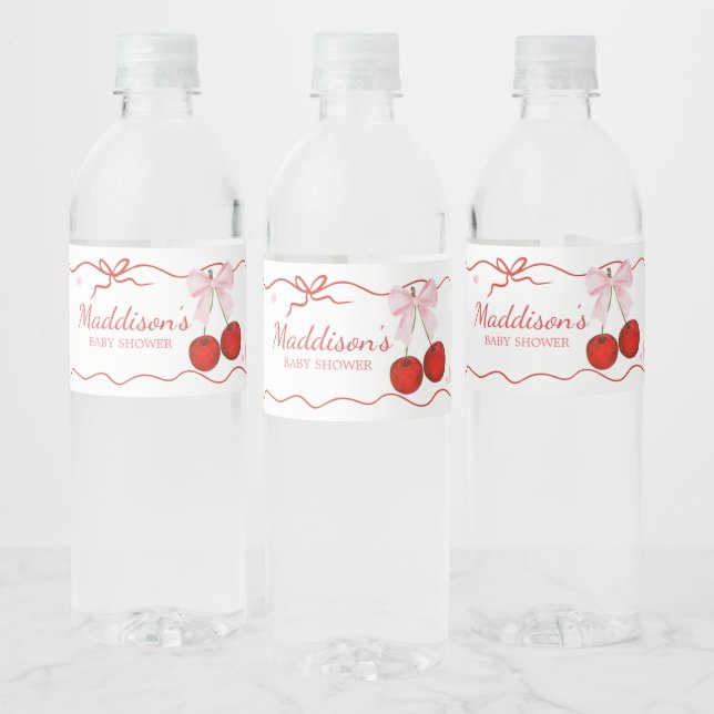 Cherry on Top Pink Bow Baby Shower Water Bottle Label (Bottles)