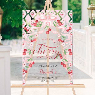 Cherry on Top Pink Bow Baby Shower Welcome Acrylic Sign
