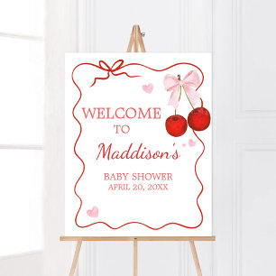 Cherry on Top Pink Bow Baby Shower Welcome Poster
