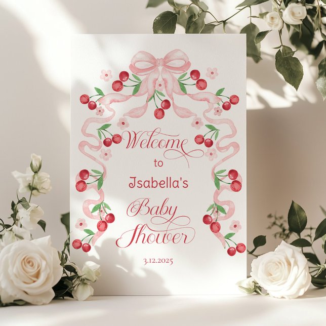 Cherry on top Pink Bow Baby shower Welcome Poster (Creator Uploaded)