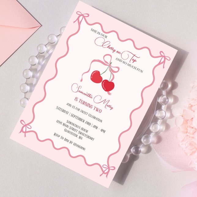 Cherry on Top Pink Bow Birthday Any Year Birthday Invitation (Creator Uploaded)