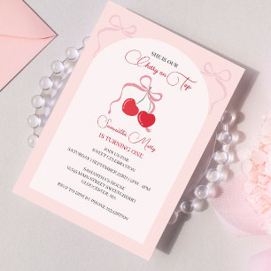 Cherry on Top Pink Bow Birthday  Invitation