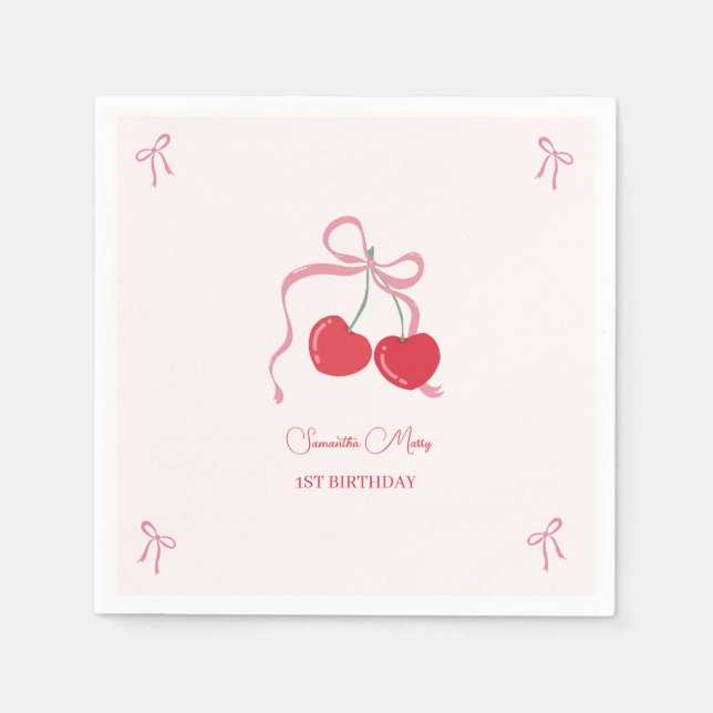 Cherry on Top Pink Bow Birthday  Napkin (Front)