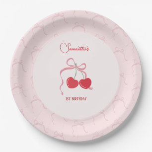 Cherry on Top Pink Bow Birthday  Paper Plate