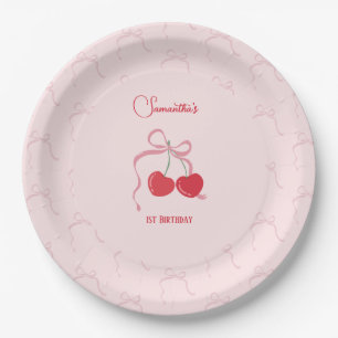 Cherry on Top Pink Bow Birthday Paper Plate