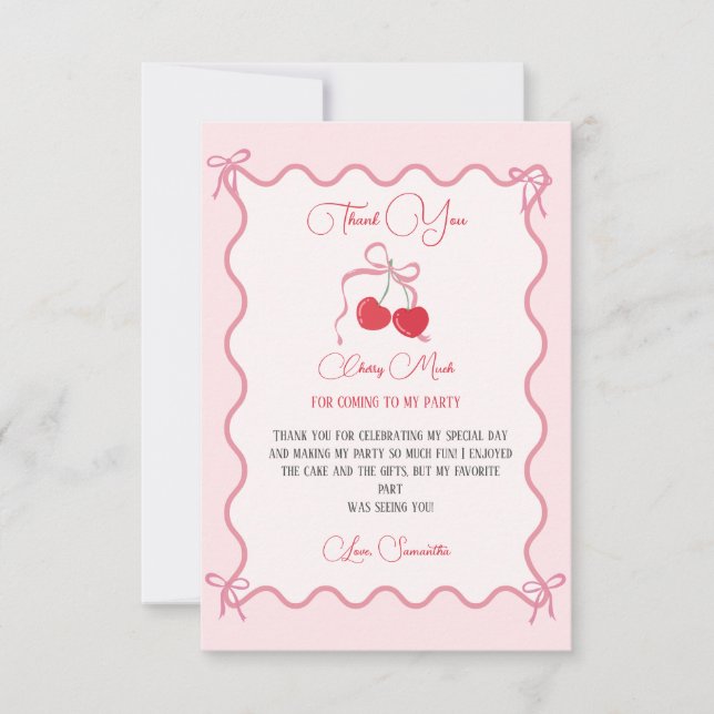 Cherry on Top Pink Bow Birthday  Thank You Card (Front)