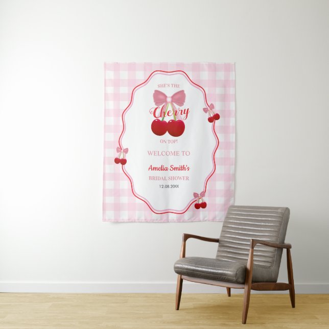 Cherry On Top Pink Bow Bridal Shower Back Drop  Tapestry (In Situ)