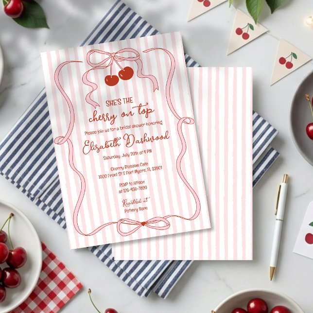 Cherry on Top Pink Bow Classy Stripe Bridal Shower Invitation (Creator Uploaded)