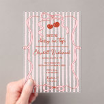Cherry on Top Pink Bow Classy Stripes Bridal Showe Acrylic Invitations<br><div class="desc">This design features a charming coquette aesthetic,  blending classy vintage-inspired pink stripes with delicate hand-drawn bows and a ribbon frame,  and vibrant red cherries. The playful yet elegant layout is perfect for a summer fruit-themed shower or a classic garden party.</div>