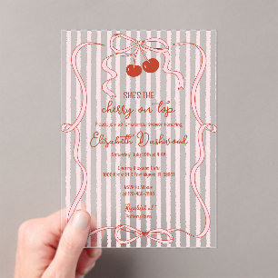 Cherry on Top Pink Bow Classy Stripes Bridal Showe Acrylic Invitations