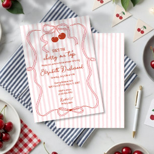 Cherry on Top Pink Bow Classy Stripes Bridal Showe Invitation