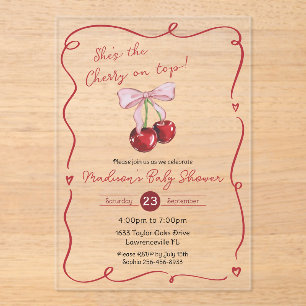 Cherry on Top Pink Bow Coquette Baby Shower Acrylic Invitations