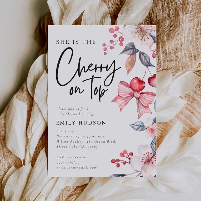 Cherry on Top Pink Bow Coquette Baby Shower Invitation (Creator Uploaded)