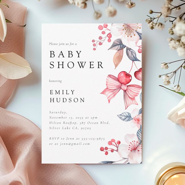 Cherry on Top Pink Bow Coquette Baby Shower Invitation (Creator Uploaded)