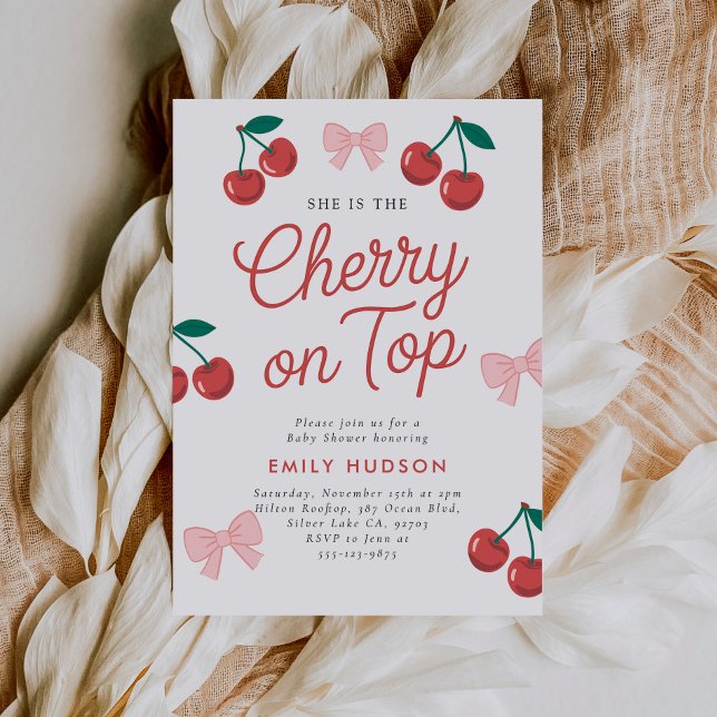Cherry on Top Pink Bow Coquette Baby Shower Invitation (Creator Uploaded)