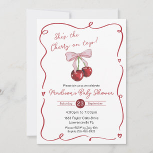 Cherry on Top Pink Bow Coquette Baby Shower Invitation
