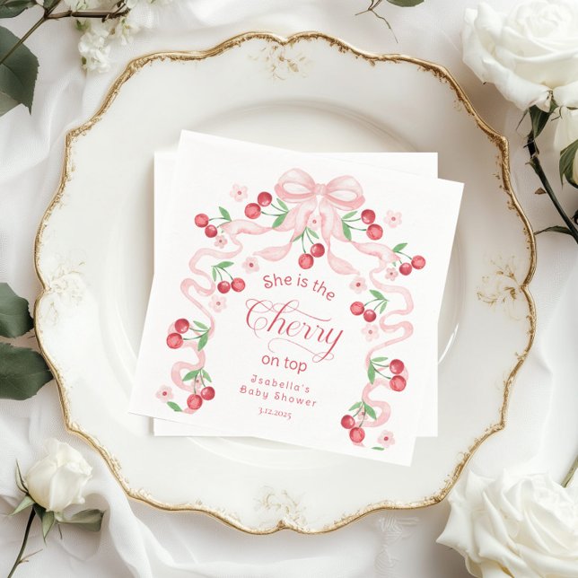 Cherry on Top Pink Bow coquette Baby shower Napkin (Creator Uploaded)