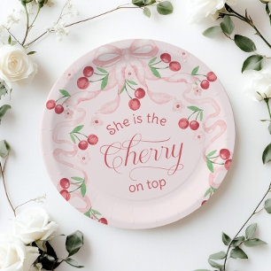 Cherry on Top Pink Bow coquette Baby shower Paper Plate