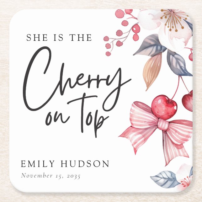 Cherry on Top Pink Bow Coquette Baby Shower Square Paper Coaster (Front)