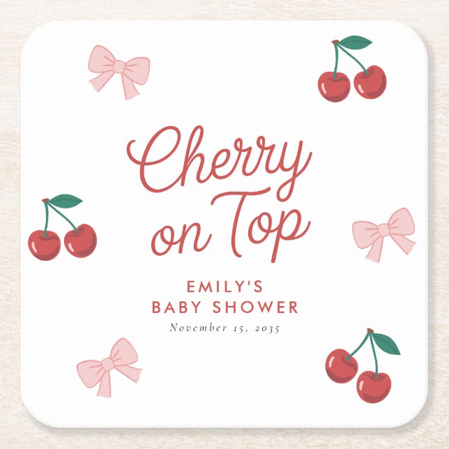 Cherry on Top Pink Bow Coquette Baby Shower Square Paper Coaster (Front)