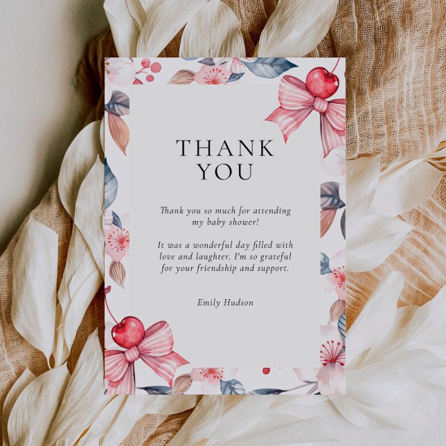 Cherry on Top Pink Bow Coquette Baby Shower Thank You Card (Creator Uploaded)