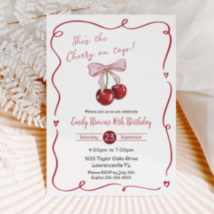 Cherry on Top Pink Bow Coquette Birthday Invitation