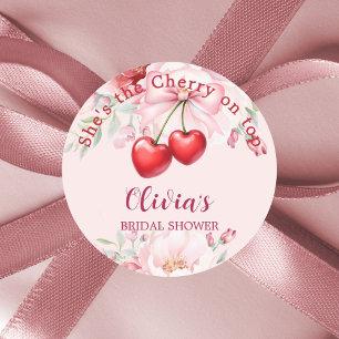 Cherry on top pink bow florals Bridal Shower Classic Round Sticker