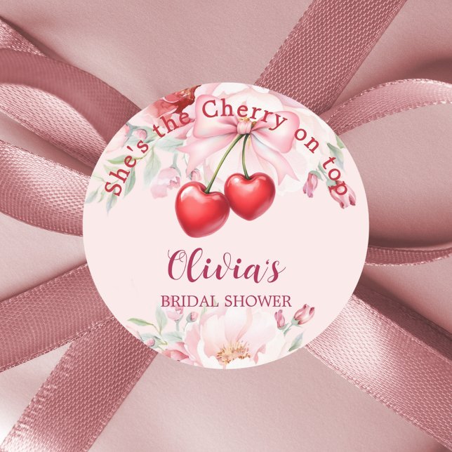 Cherry on top pink bow florals Bridal Shower Classic Round Sticker (Creator Uploaded)