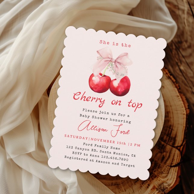Cherry on Top Pink Bow Girl Baby Shower Invitation (Creator Uploaded)