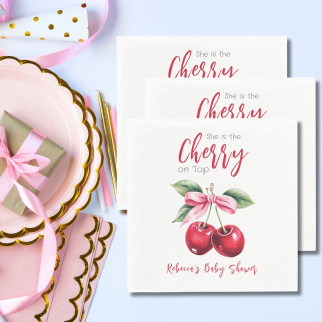 Cherry on Top Pink Bow Girl Baby Shower Napkin (Creator Uploaded)