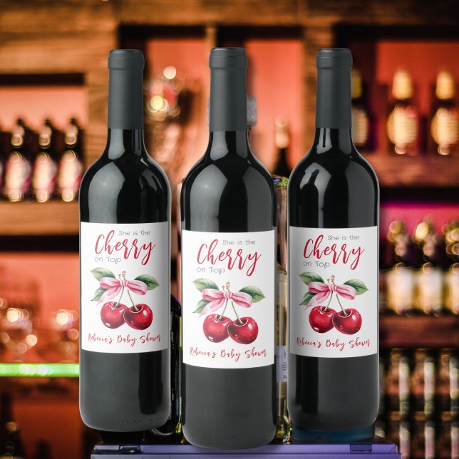 Cherry on Top Pink Bow Girl Baby Shower Wine Label (Creator Uploaded)