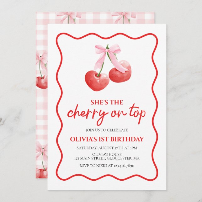 Cherry on Top Pink Bow preppy birthday Invitation (Front/Back)