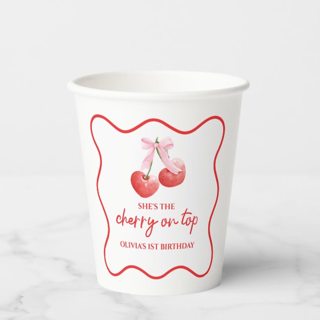 Cherry on Top Pink Bow preppy birthday Paper Cups (Front)
