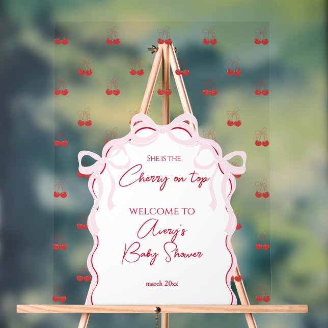 Cherry on Top Pink Bow Red Baby Girl Shower Acrylic Sign (Neutral)