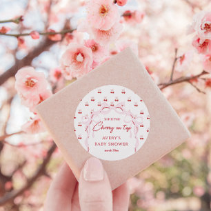 Cherry on Top Pink Bow Red Baby Girl Shower Classic Round Sticker