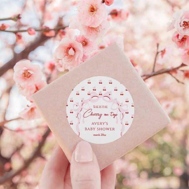 Cherry on Top Pink Bow Red Baby Girl Shower Classic Round Sticker (Creator Uploaded)