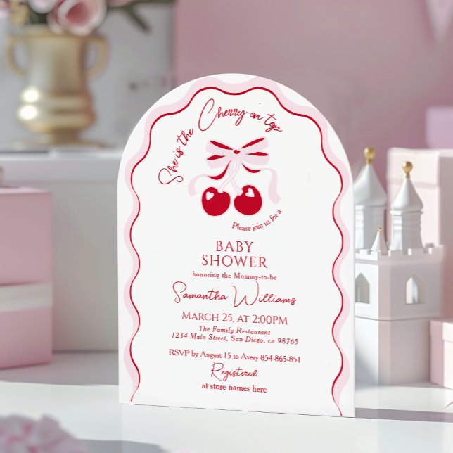Cherry on Top Pink Bow Red Baby Girl Shower Invita Invitation (Creator Uploaded)
