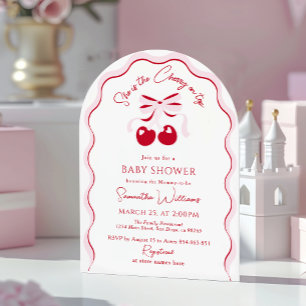 Cherry on Top Pink Bow Red Baby Girl Shower Invita Invitation