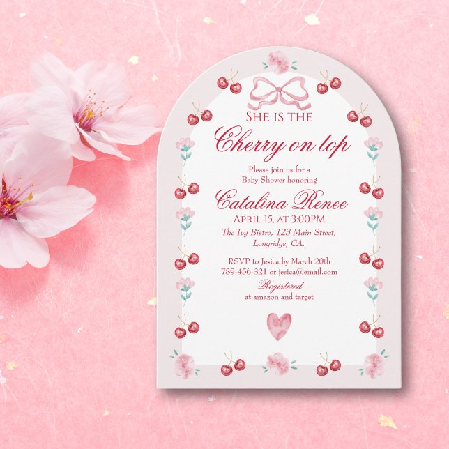 Cherry On Top Pink Bow Red Baby Shower Invitation (Creator Uploaded)