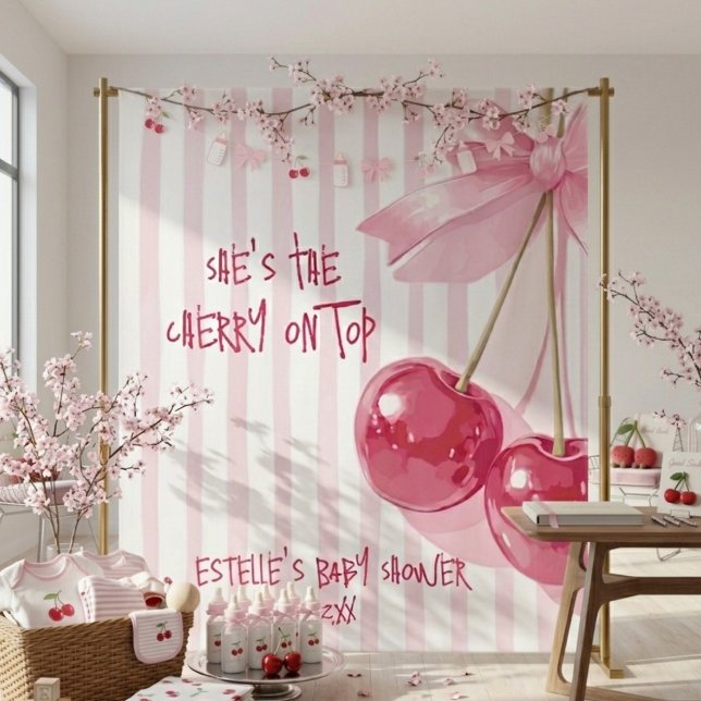 Cherry  On Top Pink Bow Red Retro Summer Tapestry (Creator Uploaded)