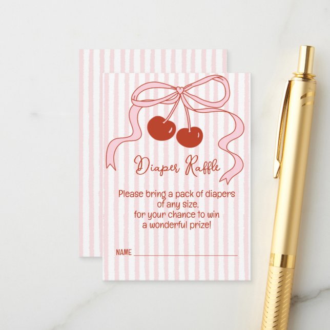 Cherry on Top Pink Bow Stripes Diaper Raffle Game Enclosure Card (Front/Back In Situ)